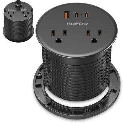 Desk Grommet, Dual-Sided Recessed Power Strip, 4 Outlets 3 USB (2 USB-C) | Flush mount desktop charging station, essential workspace desk outlet. 6.5FT flat plug extension cord, home office, black