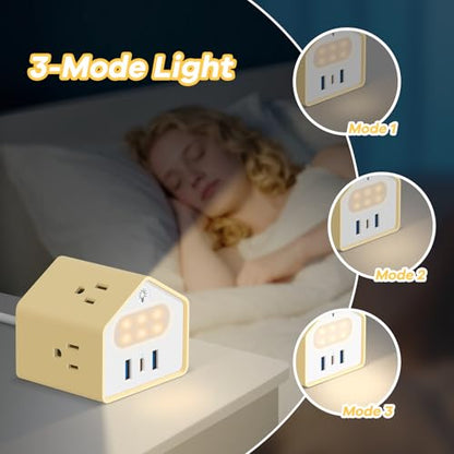 Power Strip with Night Light, 20W USB C Desk Charging Station, Yolk-Yellow | 4 Outlets 3 USB Ports, Overload Protection, Desk Nightstand Couch Makeup, Electronic Accessories - color: Yolk-Yellow