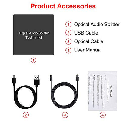 3 Port Toslink Splitter with Optical Cable (1 In 3 Out) Premium Quality Digital Optical Audio Splitter Aluminum Alloy SPDIF Toslink Fiber Audio Splitter Support Dolby Digital DTS 5.1 PCM Stereo LPCM