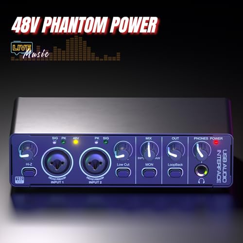 2X2 USB Audio Interface for PC Mac Laptop, 24Bit 192kHz for Computer Recording, Guitar, Streaming, Podcasting, with 48V Phantom Power, XLR TSR TS Ports