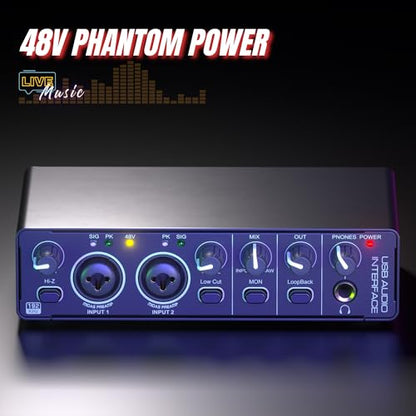 2X2 USB Audio Interface for PC Mac Laptop, 24Bit 192kHz for Computer Recording, Guitar, Streaming, Podcasting, with 48V Phantom Power, XLR TSR TS Ports