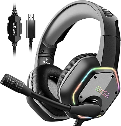 EKSA E1000 USB PC Gaming Headset with Mic, 7.1 Surround Sound - color: Grey
