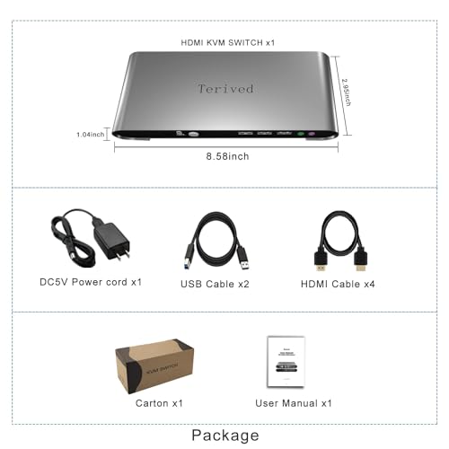 2 Computers 2 HDMI Monitors KVM Switch 4K@60Hz, Hotkey Switching, EDID, Audio and Microphone, Aluminum Alloy Shell,Digital Display, Dual Monitor USB 3.0 Hub, HDR10 with Cables - style: 2 PCs 2 HDMI Monitors 4K60