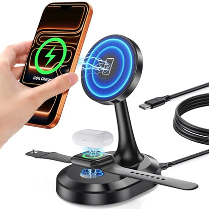3 in 1 Magnetic Wireless Charging Station Apple Devices 15W Fast Mag-Safe Charger Stand Wireless Charger Station for iPhone 17 16 15 14 13 12 Pro/Pro Max/Plus/Mini AirPods 2/3/Pro iWatch Series