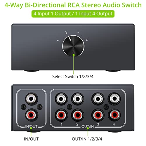 4-Way Bi-Directional RCA Stereo Audio Switch, 1 in 4 Out or 4 in 1 Out, L/R Sound Channel Audio Switch Splitter RCA Stereo Switch Selector for DVD Stereo Speaker CD Player (4-Way) - color: 4-Way
