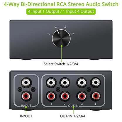 4-Way Bi-Directional RCA Stereo Audio Switch, 1 in 4 Out or 4 in 1 Out, L/R Sound Channel Audio Switch Splitter RCA Stereo Switch Selector for DVD Stereo Speaker CD Player (4-Way) - color: 4-Way