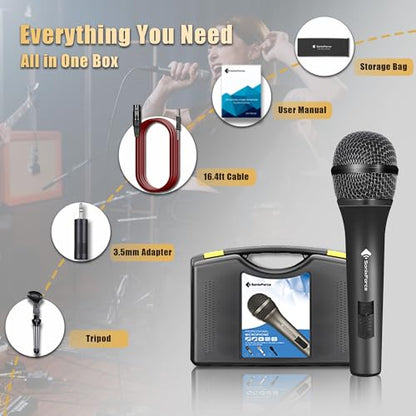 Professional Dynamic Microphone for Singing Karaoke Microphone with 16ft XLR to 1/4'' Audio Cable, Vocal Handheld Mic for Podcast Mixer Amplifier PA System - color: Black