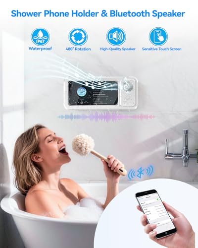 Shower Phone Holder with Wireless Bluetooth Speaker, 2026 New Waterproof Shower Phone Case for Any Phone, Wall Mounted Phoneholder for Bathroom Mirror (White) - color: White