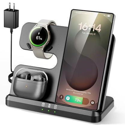3 in 1 Charging Station for Samsung, Wireless Charger Stand for Galaxy S26/S25/S24/S23/Z Fold, Phone and Watch Charger for Samsung Watch Galaxy 8/7/6/5, Galaxy Buds 3/2/Pro - color: Black