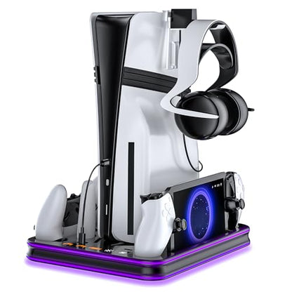 Charging Dock and Cooling Stand Compatible with PS5/PS5 Slim/PS5 Pro, DualSense & Edge Controller Charger, PS Portal Charging Station with LED Lights, Headset Holder（Black） - color: Black