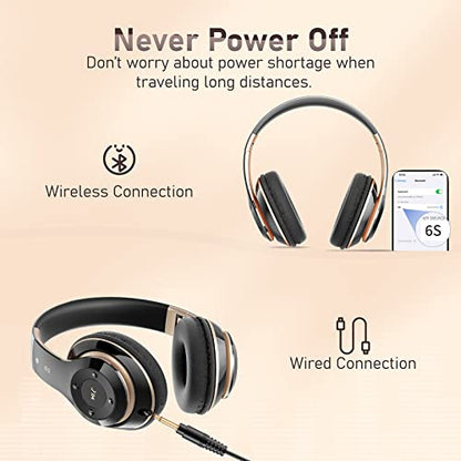 Bluetooth Headphones Over Ear, 6S Wireless Headphones Wired with 6 EQ Modes, 40 Hours Playtime Foldable HiFi Stereo Headset with Microphone, FM/TF for Cellphone/PC/Work (Black & Gold) - color: Black & Gold