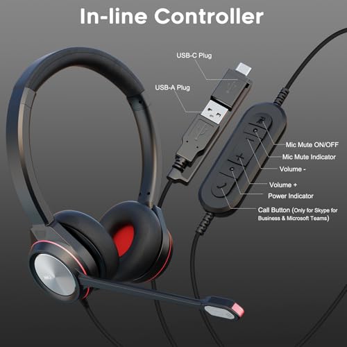 MKJ Noise Canceling USB Headset with Microphone, Wired Computer Headphone | USB-A/USB-C, Call Center & Office Headset, Plug & Play for PC/Laptop, Inline Volume Control, Compatible with Teams/Zoom/Webex