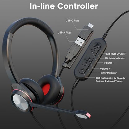 MKJ Noise Canceling USB Headset with Microphone, Wired Computer Headphone | USB-A/USB-C, Call Center & Office Headset, Plug & Play for PC/Laptop, Inline Volume Control, Compatible with Teams/Zoom/Webex