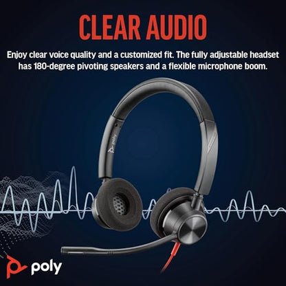 Poly Blackwire 3320 Wired Headset (Plantronics) – Flexible Microphone Boom – Hi-fi Stereo - Connect to PC/Mac via USB-C or USB-A - Works with Teams/Zoom - Amazon Exclusive - style: Standard