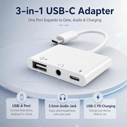 3-in-1 USB C Adapter for iPhone 15 16, USB C to USB-A OTG Adapter with 3.5mm Headphone Jack & PD Fast Charging Port, USB C Splitter for MacBook Pro Air, iPad Pro, Samsung Galaxy S23 S24