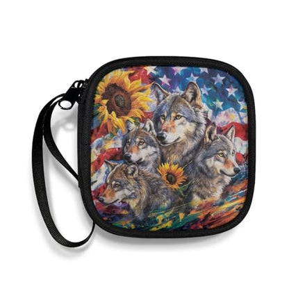 Universal Lightweight Portable Earphone Storage Bag Earbud Carrying Case Rectangle Small Hard Case for Wired Bluetooth Headset Charger - American Flag Wolf - color: American Flag Wolf Sunflower