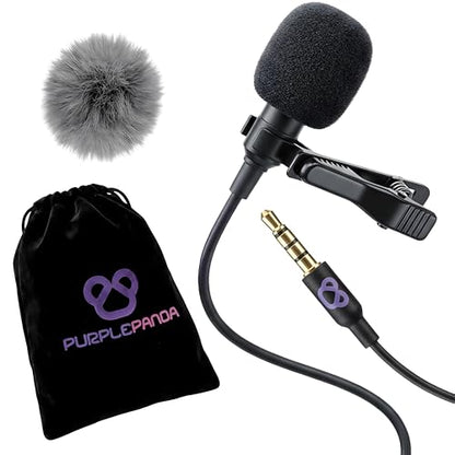 Purple Panda Lavalier Microphone for GoPro, DJI, Insta360 Mic Adapters | Wired Motovlogging Lapel Mic for Go Pro Media Mod, 3.5mm, Osmo Action & Insta360 Audio Adapters, Motorcycle Helmet Clip On