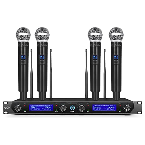 MicrocKing 4 Channel UHF Wireless Microphone System, 4 Handheld Wireless Microphones with Receiver, 400ft Long Range, Professional Dynamic Mic Set for Church, Conference, Wedding, Karaoke and Speech - style: 4 Handheld mics