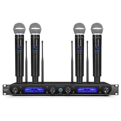 MicrocKing 4 Channel UHF Wireless Microphone System, 4 Handheld Wireless Microphones with Receiver, 400ft Long Range, Professional Dynamic Mic Set for Church, Conference, Wedding, Karaoke and Speech - style: 4 Handheld mics