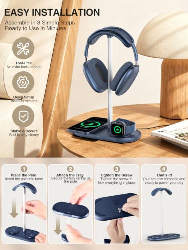3 in 1 Headphone Stand, Airpod Max Charger Stand with 15W Wireless Charger | Headset Holder for AirPods Max 2/Pro/iWatch/Vision Pro, Charging for iPhone 17/16/15/14/13/12/11/X, Aluminum Alloy Rod, Blue