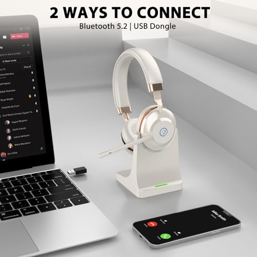 Wireless Headset with Mic for Work, V5.2 Bluetooth Headset with Microphone Noise Canceling & Charging Base, Wireless Headphones with Mic Mute Button & USB Dongle 45Hrs for Laptop/PC/Call Center/Home