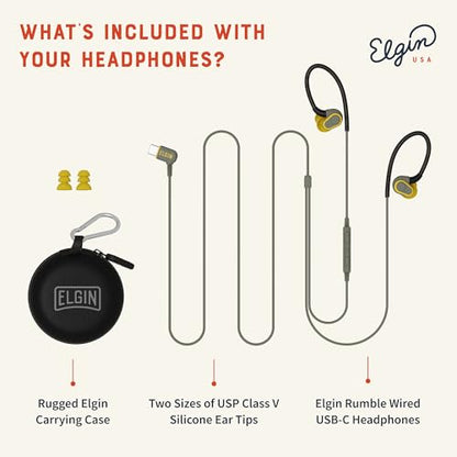 Elgin Rumble Wired Earplug Headphones, Waterproof Earbuds w/Mic | 27 dB NRR, Noise-Isolating Mic & in-Line Controller, OSHA Compliant, ANSI Certified, Kevlar Reinforced Cable, IP67, USB-C - style: USB-C