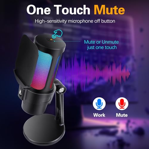 VCOM Gaming USB Microphone, Condenser Dynamic Mic for Podcasting, Streaming, with Quick Mute, Desktop Stand, Pop Filter, RGB Indicator, Shock Mount, Rotate gain Button, Compatible with PS4/5/PC
