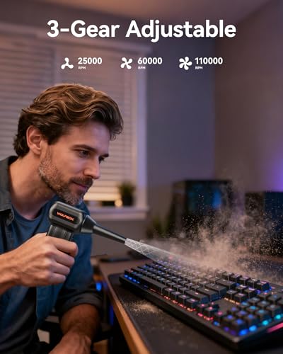 WOLFBOX MF60 Compressed Air Duster, 3-Speed Adjustable, Electric, Cordless | 110,000 RPM, Rechargeable, Air Blower, Fast Charging, PC Keyboard Cleaning, Car, Home, Black, 0.5 lb Lightweight