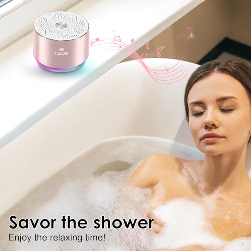 XLEADER Mini Bluetooth Shower Speaker, IPX6 Waterproof Speaker, with RGB Lights, Mic, Portable Silicone Lanyard, Suction Cup, Clear Sound&Rich Bass, 12h Playtime, Small Pink Gifts for Girls Women - color: Pink Rose Gold