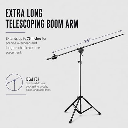 LyxPro SMT-1 Professional Microphone Stand Heavy Duty 93” Studio Overhead Boom Stand 76” Extra Long Telescoping Arm Mount, Foldable Tripod Legs & Adjustable Counterweight - size: Standard without Caster Wheels