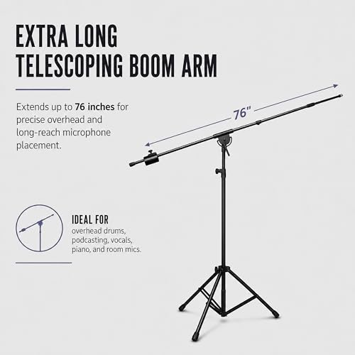LyxPro SMT-1 Professional Microphone Stand Heavy Duty 93” Studio Overhead Boom Stand 76” Extra Long Telescoping Arm Mount, Foldable Tripod Legs & Adjustable Counterweight - size: Standard without Caster Wheels