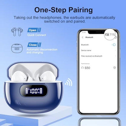 Wekily Wireless Earbuds, Bluetooth 5.3 Headphones LED Power Display, 2025 New Wireless Earphones, 4 ENC Noise Cancelling Mic, HiFi Stereo, 48H Playtime Mini Case IP7 Waterproof for iOS Android - color: Night Blue