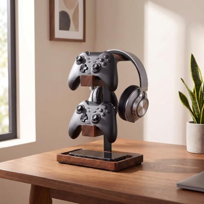 Headphone Stand with Controller Holder, Deep Walnut - color: Deep Walnut