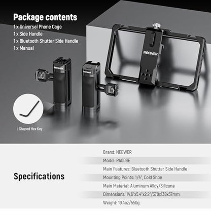 NEEWER Universal Phone Cage Video Rig with Bluetooth Shutter Side Handle Comfort Grips, Smartphone Stabilizer for Video Recording Compatible with iPhone 16 15 Pro Max 15 Pro Galaxy S24 Ultra, PA009E | Comfort Grips Smartphone Stabilizer for Video Recordin