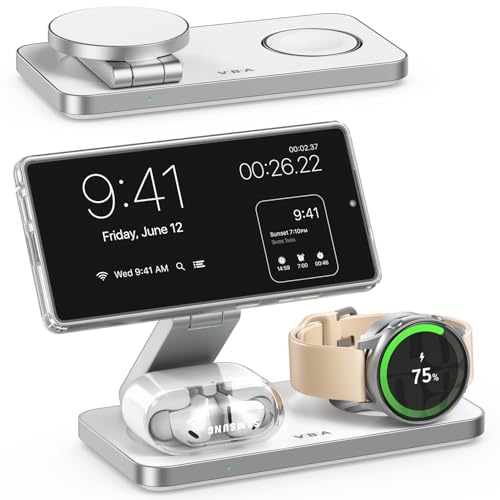 3 in 1 Foldable Magnetic Wireless Charging Station for Samsung, Wireless Charger Stand for Galaxy S26 Ultra S25/S24 /Note 20/Flip 7/Fold 7, for Galaxy Watch Ultra/8/7/6,Galaxy Buds 3/3 Pro - color: White
