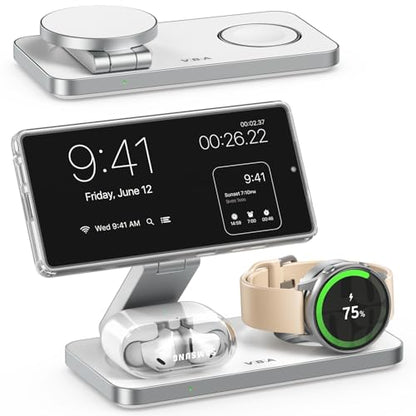 3 in 1 Foldable Magnetic Wireless Charging Station for Samsung, Wireless Charger Stand for Galaxy S26 Ultra S25/S24 /Note 20/Flip 7/Fold 7, for Galaxy Watch Ultra/8/7/6,Galaxy Buds 3/3 Pro - color: White