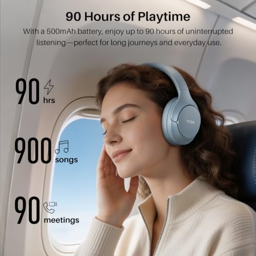 TOZO HT3 Hybrid Noise Cancelling Wireless Headphones, 90H Over Ear Headset | Hi Res Audio, AI Voice Assistant, Dual Device Connection, 32 Custom EQs, Built In 5 Mics, ANC, Foldable, Bluetooth 6.0 - color: Titanium Blue