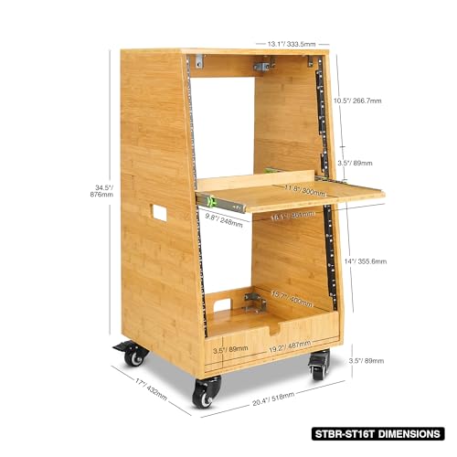 Sound Town DIY Slanted 16U Studio Rack (8U Top + 8U Lower) with Slide-Out Tray, 2U Bottom Storage & Casters, Solid Carbonized Bamboo Audio Equipment Rack for Recording Room & Home Studio (STBR-ST16T) - size: 16U(8U Top + 8U Lower),Carbonized Bamboo