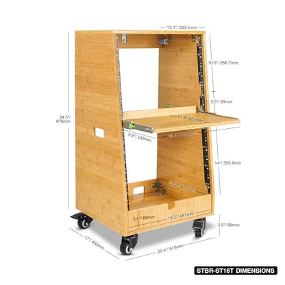 Sound Town DIY Slanted 16U Studio Rack (8U Top + 8U Lower) with Slide-Out Tray, 2U Bottom Storage & Casters, Solid Carbonized Bamboo Audio Equipment Rack for Recording Room & Home Studio (STBR-ST16T) - size: 16U(8U Top + 8U Lower),Carbonized Bamboo