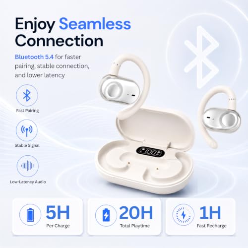 Open Ear Earbuds Bi-Axial Custom Fit Immersive Sound Wireless Headphones | Over The Ear Bluetooth Ear Buds Waterproof Long Battery for Running Outdoor Sports Travel Conference - OpenBass Fit White - color: Cream White