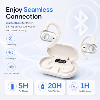 Open Ear Earbuds Bi-Axial Custom Fit Immersive Sound Wireless Headphones | Over The Ear Bluetooth Ear Buds Waterproof Long Battery for Running Outdoor Sports Travel Conference - OpenBass Fit White - color: Cream White