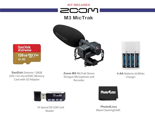 Zoom M3 MicTrak Stereo Shotgun Microphone and Recorder Bundled with 128GB microSD Card, Hi-Speed SD Card Reader, 4 AA Batteries & Charger, Cleaning Cloth