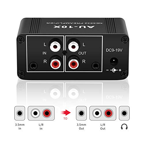 Mini Small Stereo Audio preamplifier, Headphone Amplifier, Gain 20dB Phono Turntable Phonograph preamp, Dual op amp NE5532 with RCA 3.5mm Input to RCA 3.5mm Output