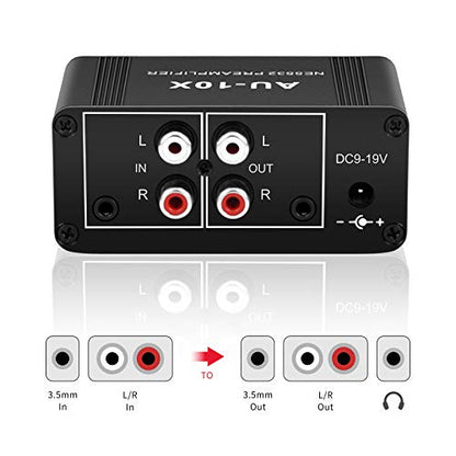 Mini Small Stereo Audio preamplifier, Headphone Amplifier, Gain 20dB Phono Turntable Phonograph preamp, Dual op amp NE5532 with RCA 3.5mm Input to RCA 3.5mm Output