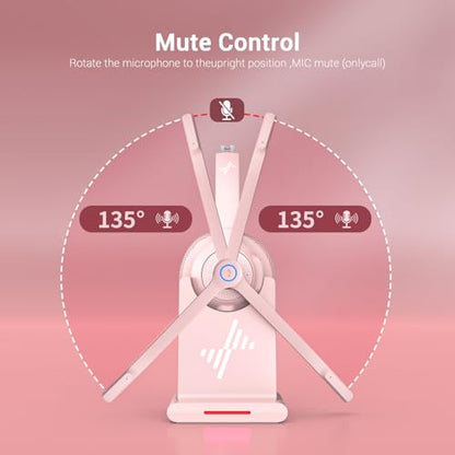Bluetooth Wireless Headset with Mic for Work, Bluetooth 5.2, Advanced Noise Reduction Microphone, Clear Calls - Comfortable On-Ear Headphones, Applicable to PC, Laptop, Phone, Android, Zoom, Office - color: Pink