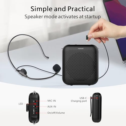 Bluetooth Voice Amplifier for Teacher with Wired Microphone Headset | ①10W Power Amplifiers②2000mAh Battery③15 Hours Working Time④USB-C Rechargeable⑤Adjustable Mic for Loudspeaker ⑥Anti-Howling - color: Black-2000mAh