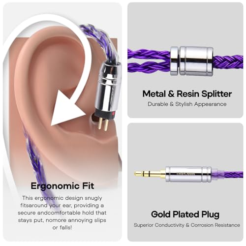 Linsoul Tripowin Zonie IEM Cable, 16 Core Silver Plated Earphone Upgraded Cords, 1.25m SPC in Ear Monitor Cable for KZ ZS10 PRO 2 AS10 PRO Tangzu Wan’er SIMGOT EM6L(Recessed 2pin, 4.4mm)(Violet) | 4.10 ft SPC in Ear Monitor Cable for KZ ZS10 Pro 2 AS10 Pr