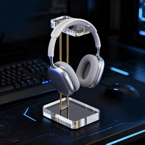 Headphone Stand Headset Holder for Desk, Solid Christal-Clear Acrylic with Gold Hardware Earphone Hanger for Gaming Room Office Accessories - color: Gold