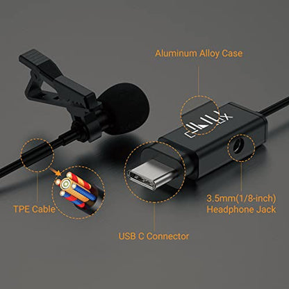 MLC-2 USB C Lavalier Microphone with 3.5mm Monitoring Headphone Jack, Type C Lapel MIC for iPad 10, iPad Pro Air 5/4, Google Pixel 8/7/6 Pro 7a/6a Fold Pixel Tablet, 5 FT