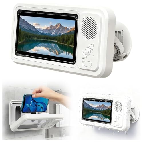Shower Phone Holder with Wireless Bluetooth Speaker, 2026 New Waterproof Shower Phone Case for Any Phone, Wall Mounted Phoneholder for Bathroom Mirror (White) - color: White